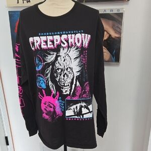 Creep Show Graphic Long-Sleeve Tee in Black with Pink & Blue